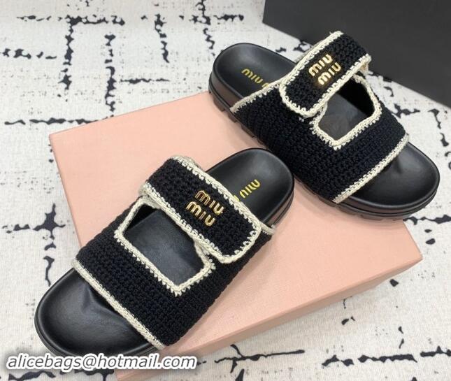 Good Quality Miu Miu Crochet knit Flat Slides Sandal Black 611020