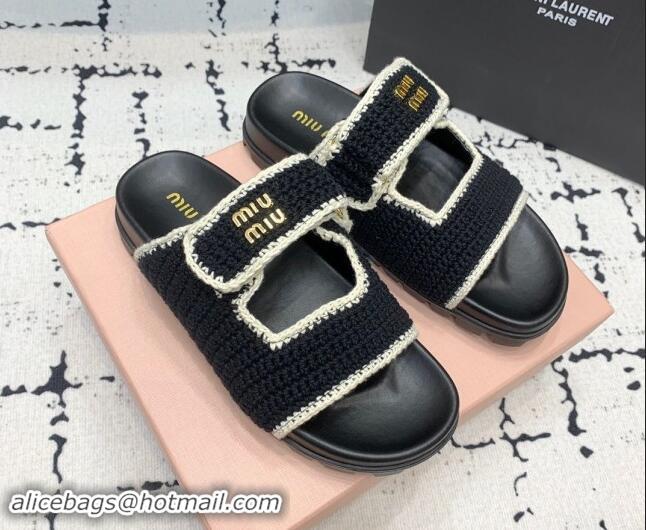 Good Quality Miu Miu Crochet knit Flat Slides Sandal Black 611020