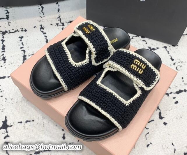 Good Quality Miu Miu Crochet knit Flat Slides Sandal Black 611020