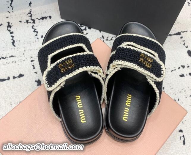 Good Quality Miu Miu Crochet knit Flat Slides Sandal Black 611020