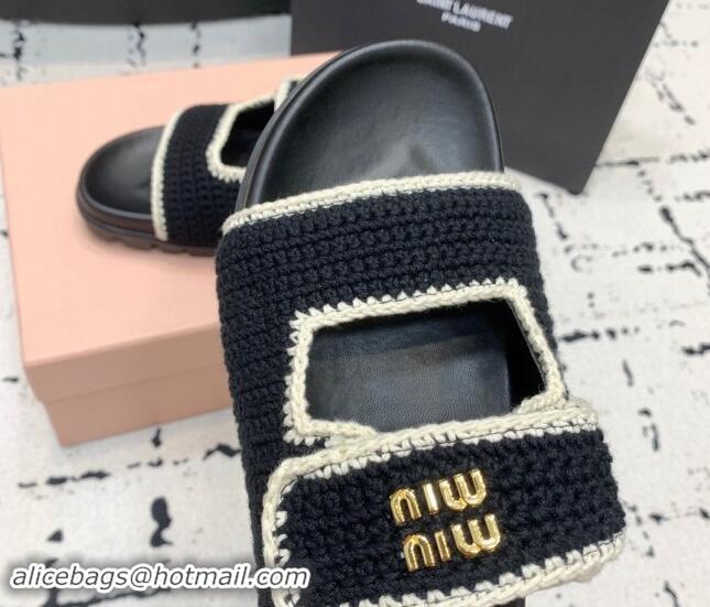 Good Quality Miu Miu Crochet knit Flat Slides Sandal Black 611020