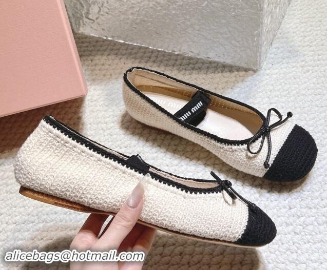 Top Grade Miu Miu Crochet knit Flat Mary Janes Ballerinas White 611022