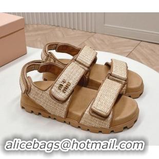 Shop Duplicate Miu Miu Raffia-effect Woven Platform Strap Sandals Brown 611027