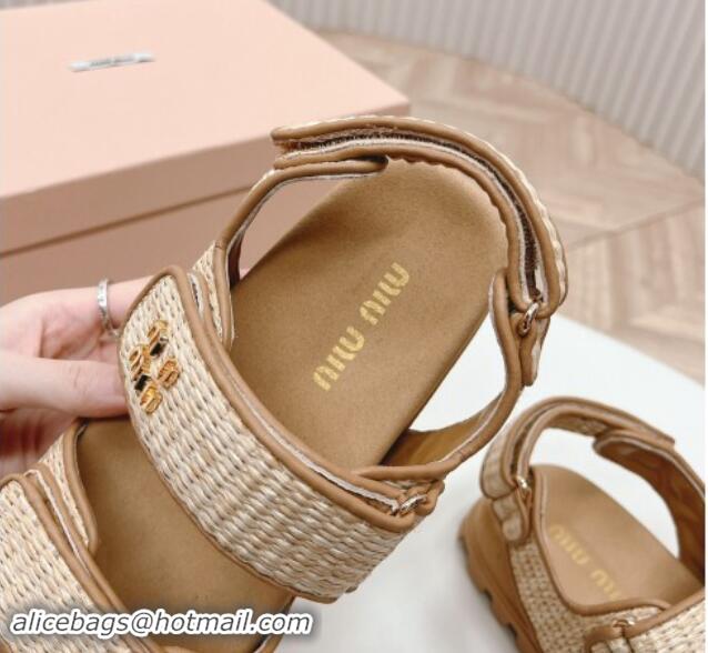 Shop Duplicate Miu Miu Raffia-effect Woven Platform Strap Sandals Brown 611027