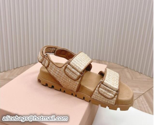 Shop Duplicate Miu Miu Raffia-effect Woven Platform Strap Sandals Brown 611027