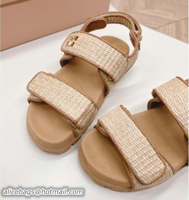 Shop Duplicate Miu Miu Raffia-effect Woven Platform Strap Sandals Brown 611027