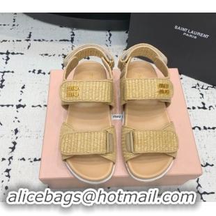 Pretty Style Miu Miu Raffia-effect Woven Platform Strap Sandals Beige 611028