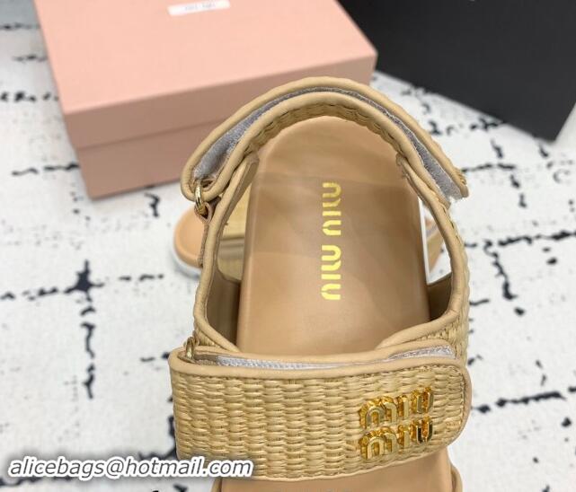 Pretty Style Miu Miu Raffia-effect Woven Platform Strap Sandals Beige 611028