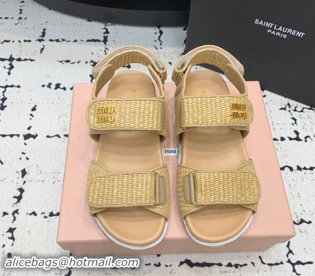 Pretty Style Miu Miu Raffia-effect Woven Platform Strap Sandals Beige 611028