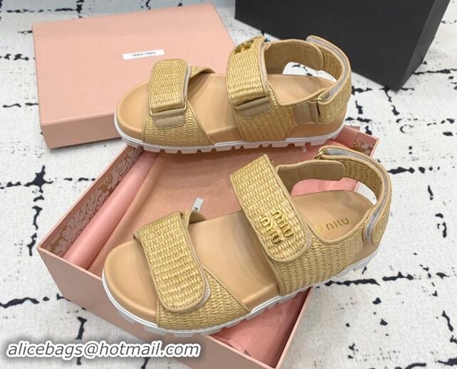 Pretty Style Miu Miu Raffia-effect Woven Platform Strap Sandals Beige 611028