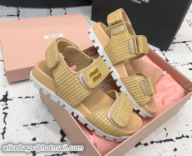 Pretty Style Miu Miu Raffia-effect Woven Platform Strap Sandals Beige 611028