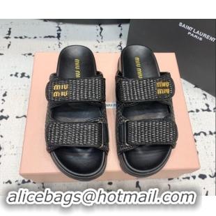 Purchase Miu Miu Raffia-effect Woven Platform Strap Slides Sandal Black 611029