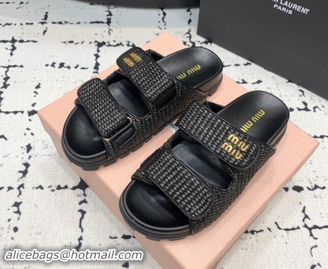 Purchase Miu Miu Raffia-effect Woven Platform Strap Slides Sandal Black 611029