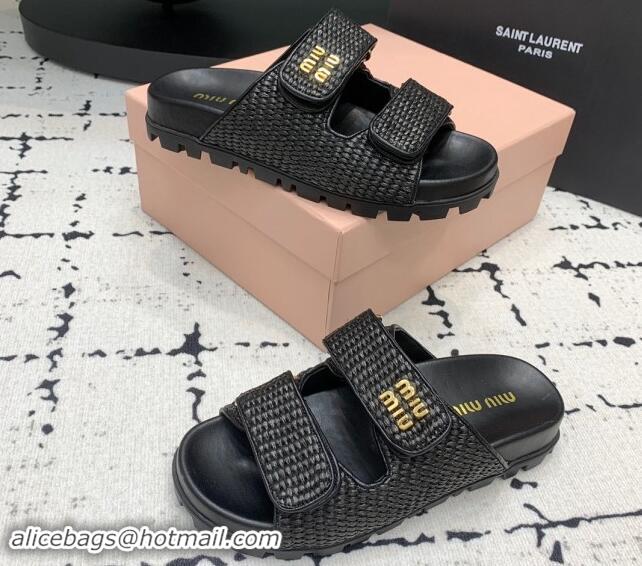 Purchase Miu Miu Raffia-effect Woven Platform Strap Slides Sandal Black 611029