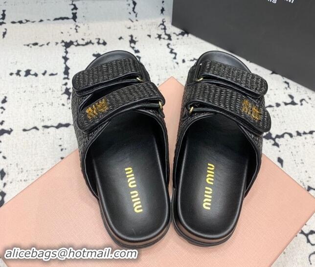 Purchase Miu Miu Raffia-effect Woven Platform Strap Slides Sandal Black 611029