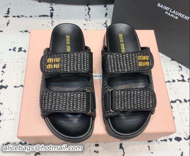 Purchase Miu Miu Raffia-effect Woven Platform Strap Slides Sandal Black 611029