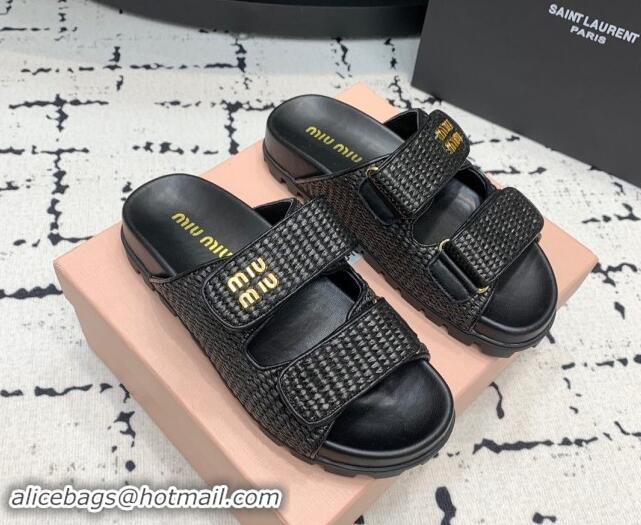 Purchase Miu Miu Raffia-effect Woven Platform Strap Slides Sandal Black 611029