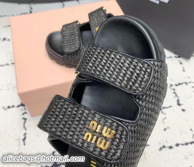 Purchase Miu Miu Raffia-effect Woven Platform Strap Slides Sandal Black 611029