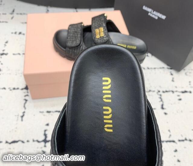 Purchase Miu Miu Raffia-effect Woven Platform Strap Slides Sandal Black 611029