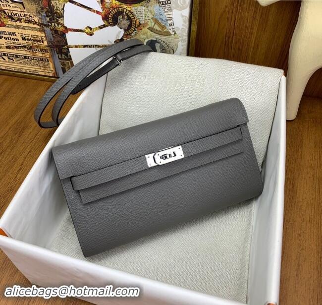 Top Design Hermes Kelly To Go Wallet Bag in Original Epsom Leather OL Cumulonimbus H0801 Grey/Silver 2024 (Full Handmade