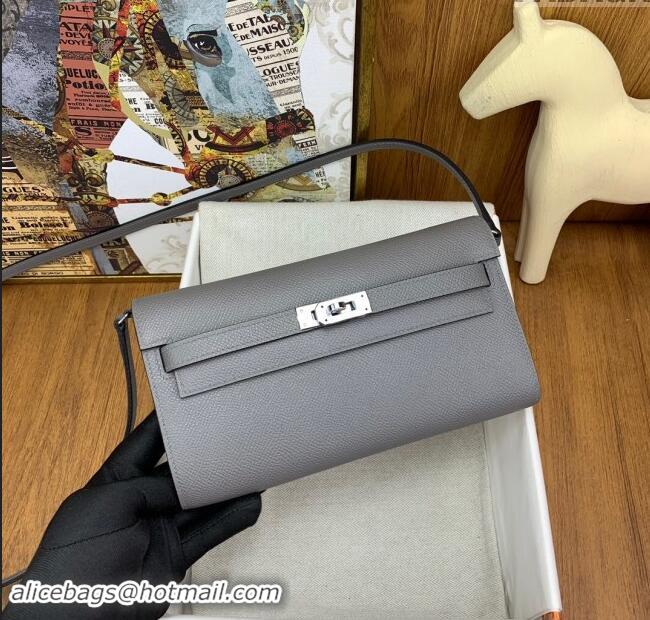 Top Design Hermes Kelly To Go Wallet Bag in Original Epsom Leather OL Cumulonimbus H0801 Grey/Silver 2024 (Full Handmade