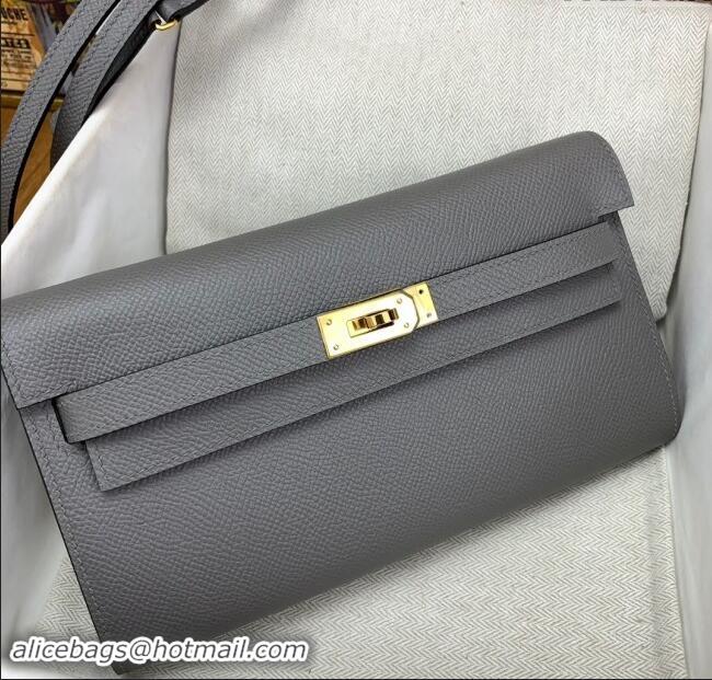 Grade Quality Hermes Kelly To Go Wallet Bag in Original Epsom Leather OL Cumulonimbus H0801 Grey/Gold 2024(Full Handmade