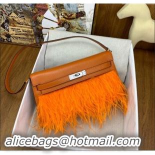 Discount Hermes Kelly Elan Bag in Chevre Chamkila Leather and Ostrich Feather H1506 Orange/Silver 2024(Full Handmade)