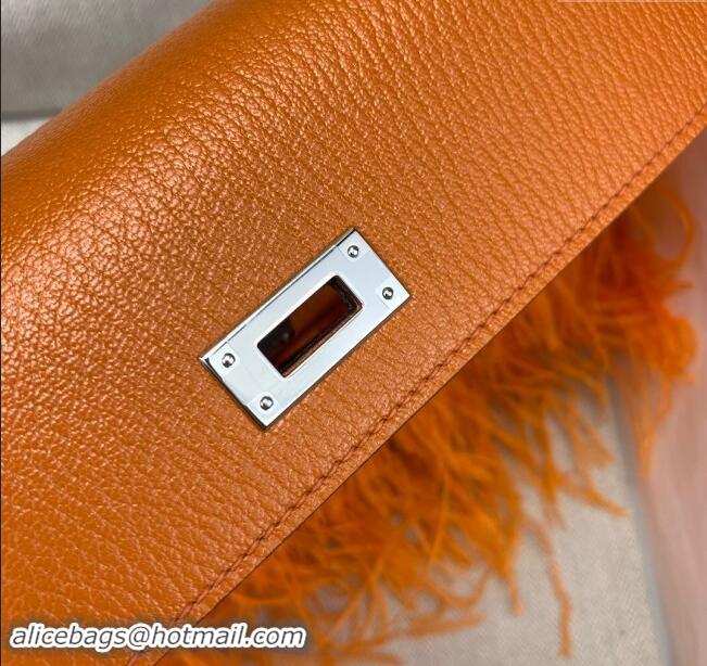 Discount Hermes Kelly Elan Bag in Chevre Chamkila Leather and Ostrich Feather H1506 Orange/Silver 2024(Full Handmade)