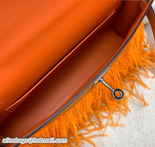 Discount Hermes Kelly Elan Bag in Chevre Chamkila Leather and Ostrich Feather H1506 Orange/Silver 2024(Full Handmade)