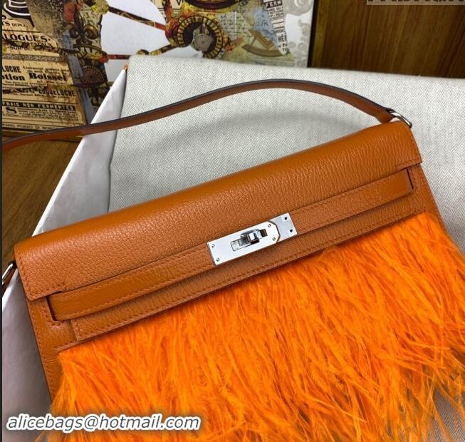 Discount Hermes Kelly Elan Bag in Chevre Chamkila Leather and Ostrich Feather H1506 Orange/Silver 2024(Full Handmade)