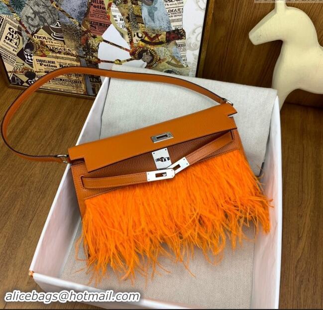 Discount Hermes Kelly Elan Bag in Chevre Chamkila Leather and Ostrich Feather H1506 Orange/Silver 2024(Full Handmade)