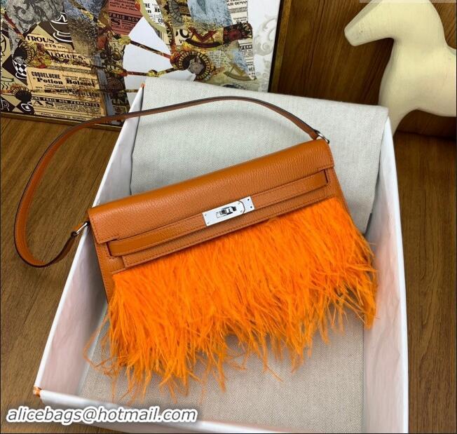 Discount Hermes Kelly Elan Bag in Chevre Chamkila Leather and Ostrich Feather H1506 Orange/Silver 2024(Full Handmade)