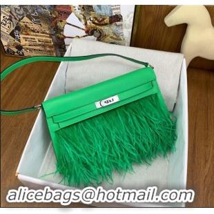 Shop Grade Hermes Kelly Elan Bag in Chèvre Chamkila Leather and Ostrich Feather H1506 Green/Silver 2024(Full Handmade)