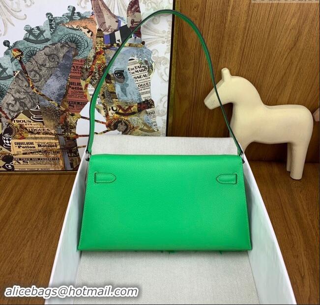 Shop Grade Hermes Kelly Elan Bag in Chèvre Chamkila Leather and Ostrich Feather H1506 Green/Silver 2024(Full Handmade)