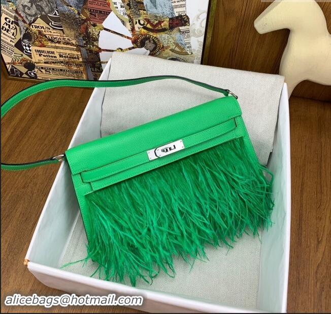 Shop Grade Hermes Kelly Elan Bag in Chèvre Chamkila Leather and Ostrich Feather H1506 Green/Silver 2024(Full Handmade)