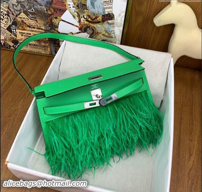 Shop Grade Hermes Kelly Elan Bag in Chèvre Chamkila Leather and Ostrich Feather H1506 Green/Silver 2024(Full Handmade)