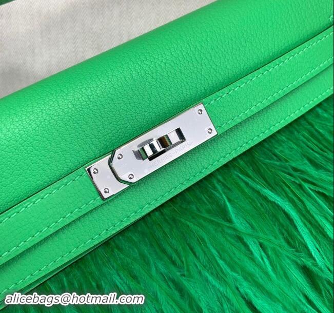 Shop Grade Hermes Kelly Elan Bag in Chèvre Chamkila Leather and Ostrich Feather H1506 Green/Silver 2024(Full Handmade)