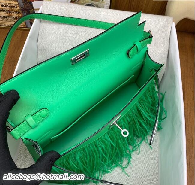 Shop Grade Hermes Kelly Elan Bag in Chèvre Chamkila Leather and Ostrich Feather H1506 Green/Silver 2024(Full Handmade)