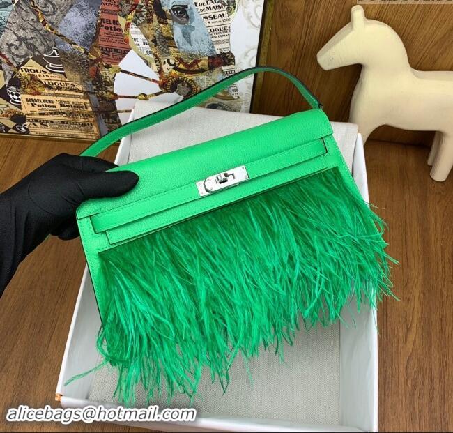 Shop Grade Hermes Kelly Elan Bag in Chèvre Chamkila Leather and Ostrich Feather H1506 Green/Silver 2024(Full Handmade)