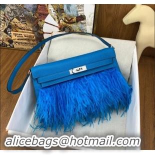 Top Design Hermes Kelly Elan Bag in Chevre Chamkila Leather and Ostrich Feather H1506 Blue/Silver 2024(Full Handmade)