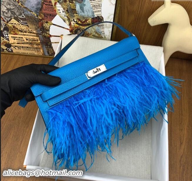 Top Design Hermes Kelly Elan Bag in Chevre Chamkila Leather and Ostrich Feather H1506 Blue/Silver 2024(Full Handmade)