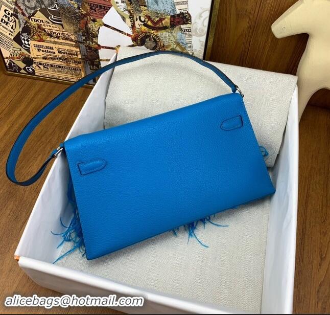 Top Design Hermes Kelly Elan Bag in Chevre Chamkila Leather and Ostrich Feather H1506 Blue/Silver 2024(Full Handmade)