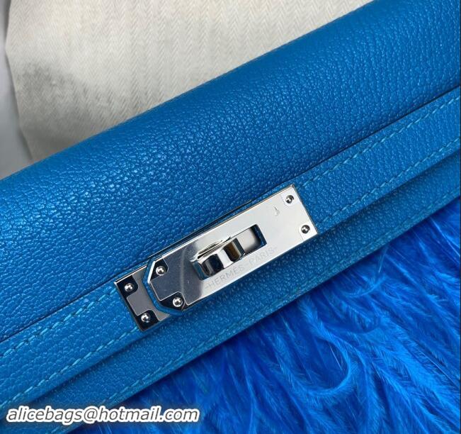 Top Design Hermes Kelly Elan Bag in Chevre Chamkila Leather and Ostrich Feather H1506 Blue/Silver 2024(Full Handmade)