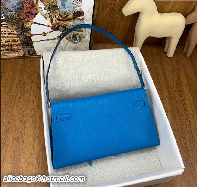 Top Design Hermes Kelly Elan Bag in Chevre Chamkila Leather and Ostrich Feather H1506 Blue/Silver 2024(Full Handmade)