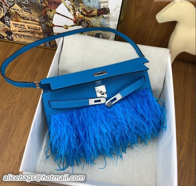 Top Design Hermes Kelly Elan Bag in Chevre Chamkila Leather and Ostrich Feather H1506 Blue/Silver 2024(Full Handmade)