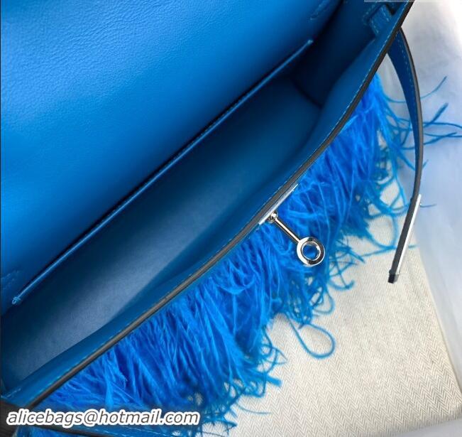 Top Design Hermes Kelly Elan Bag in Chevre Chamkila Leather and Ostrich Feather H1506 Blue/Silver 2024(Full Handmade)