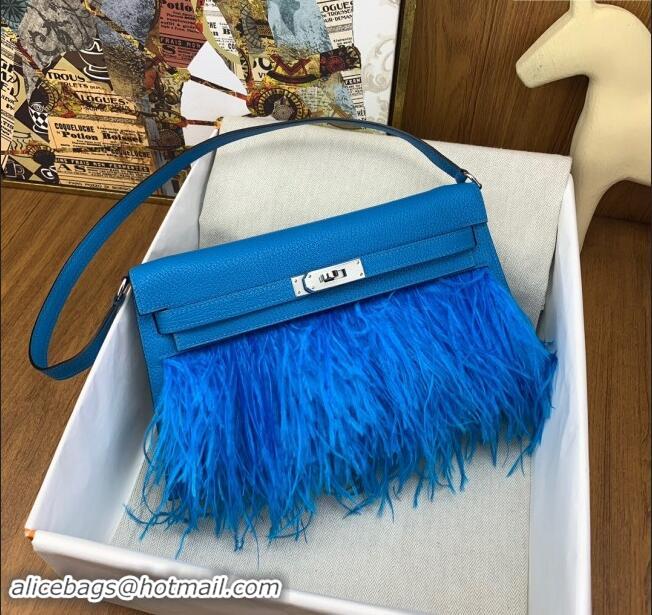 Top Design Hermes Kelly Elan Bag in Chevre Chamkila Leather and Ostrich Feather H1506 Blue/Silver 2024(Full Handmade)