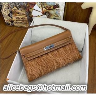 Promotional Hermes Kelly Elan Bag in Chevre Chamkila Leather and Ostrich Feather H1506 Brown/Silver 2024(Full Handmade)