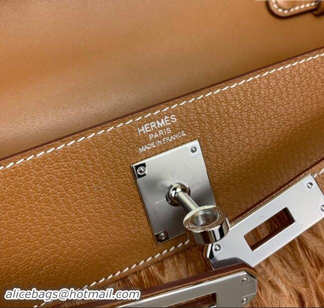 Promotional Hermes Kelly Elan Bag in Chevre Chamkila Leather and Ostrich Feather H1506 Brown/Silver 2024(Full Handmade)