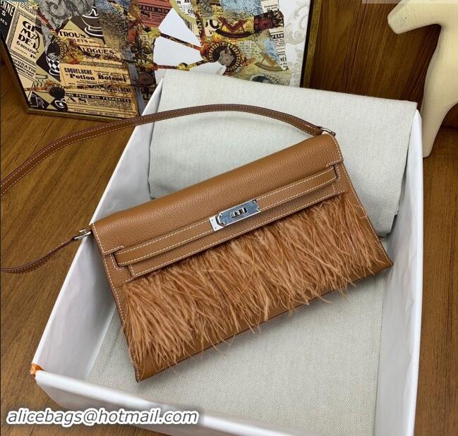 Promotional Hermes Kelly Elan Bag in Chevre Chamkila Leather and Ostrich Feather H1506 Brown/Silver 2024(Full Handmade)